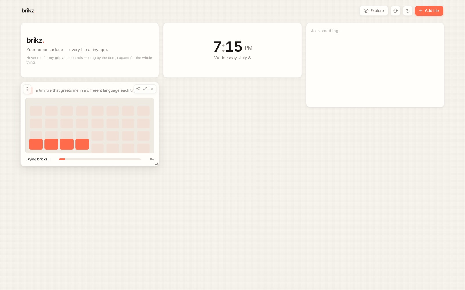 A brikz board with a new tile mid-build: a grid of small blocks filling in coral, the prompt shown in the tile header and a progress bar reading Laying bricks.