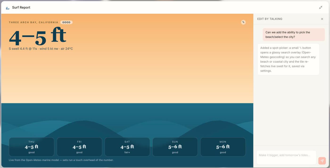 The Surf Report tile with the Edit by talking panel open. I asked to pick a beach or city; the reply explains it added a spot picker with Open-Meteo geocoding, saved in settings.
