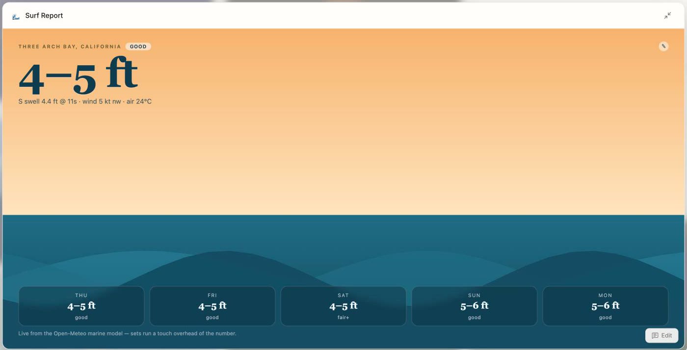 The Surf Report tile expanded to full size: Three Arch Bay at 4 to 5 feet over an illustrated sea, with a five-day outlook.