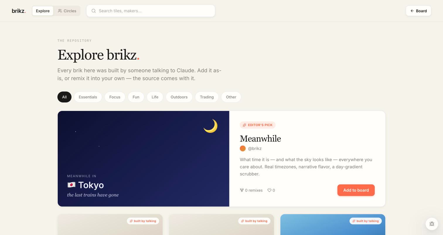 The brikz Explore page: the repository of published briks, with category filters and an editor's pick called Meanwhile.