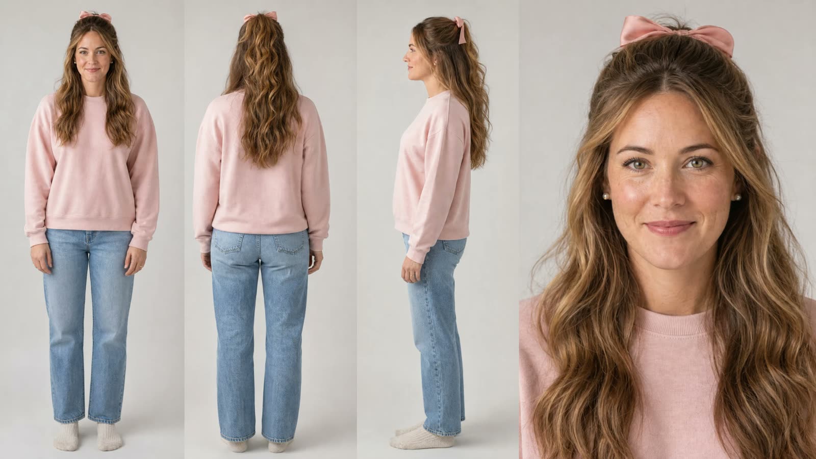 An AI-generated character sheet of a woman with long wavy hair and a pink bow, in a pink sweatshirt and jeans, shown front, back, side and close-up