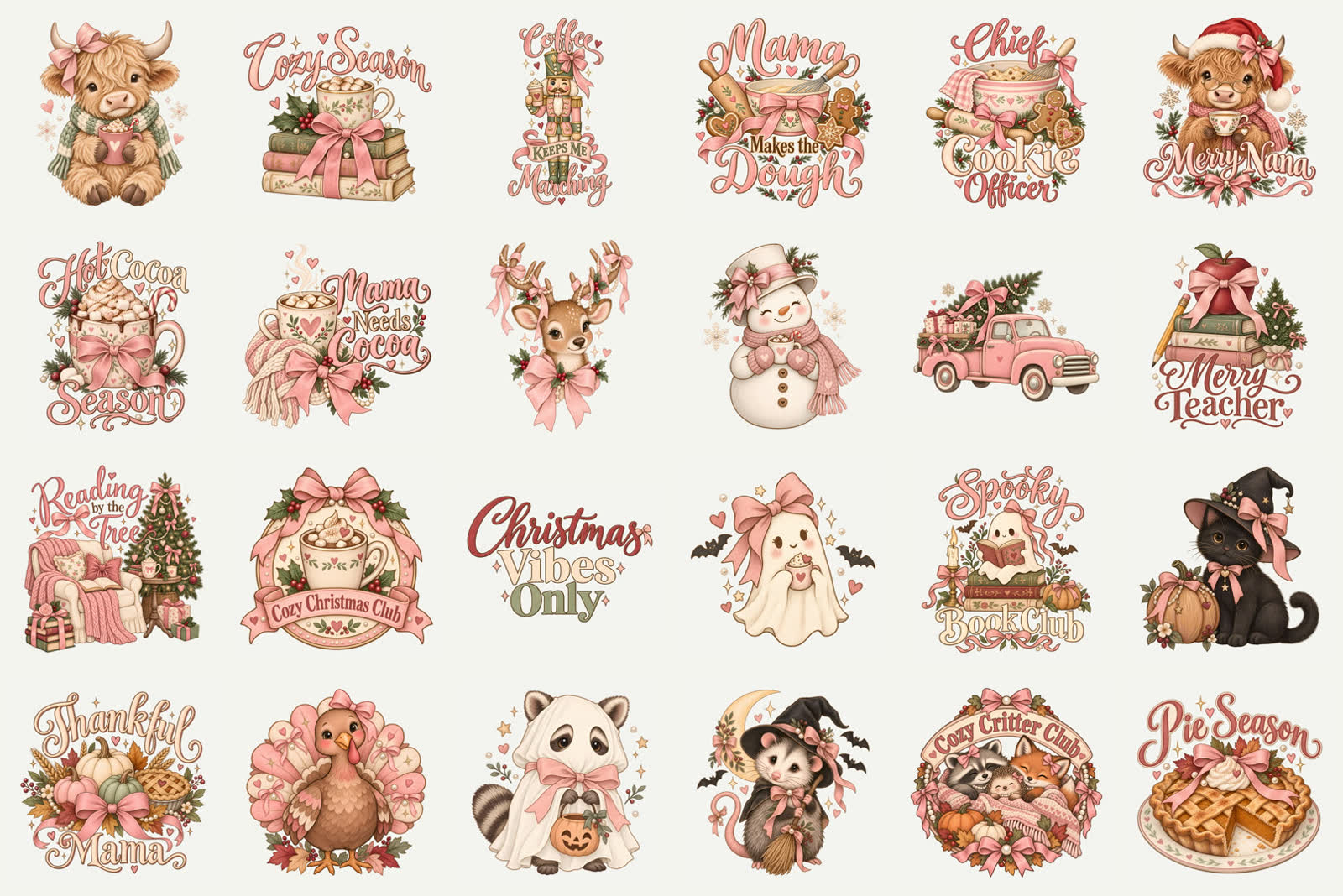 A grid of 24 approved designs: highland cows, nutcrackers, gingerbread, snowmen, a pink vintage truck, ghosts and fall critters, all in blush pink and cream with bows