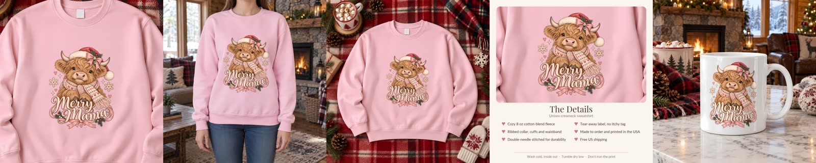Five listing photos for the Merry Mama design: a close-up of the print, a sweatshirt on a model with her face cropped out, a flat lay, a details card, and a mug by a fireplace