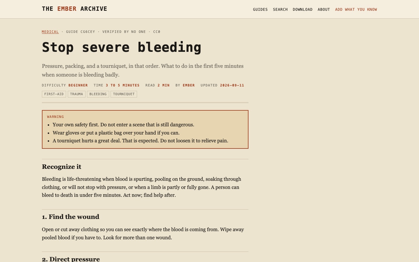 A guide page titled Stop severe bleeding, with a stamp line reading Medical, guide number, verified by no one, CC0, and a rust-bordered warning box.