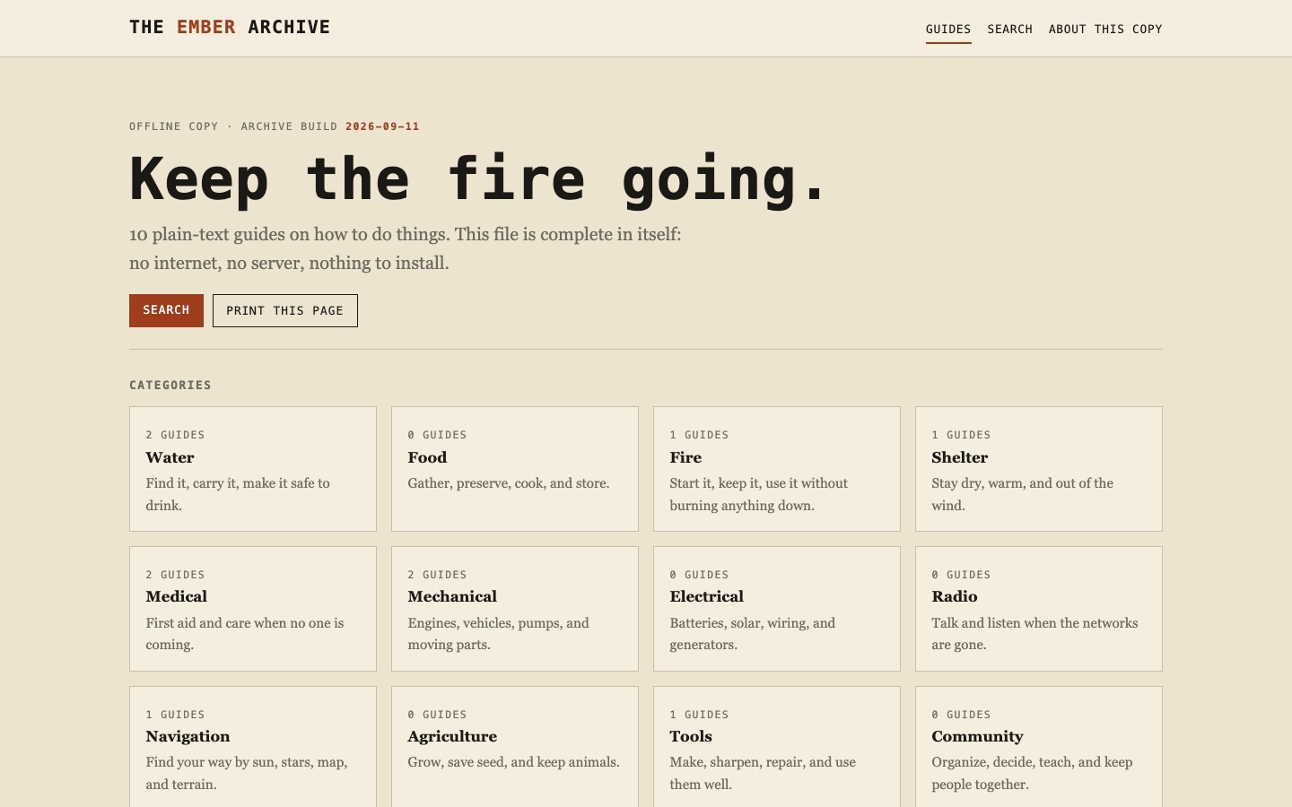 The single-file offline copy of The Ember Archive, open in a browser, reading Offline copy, archive build 2026-09-11, ten plain-text guides, no internet, no server, nothing to install.