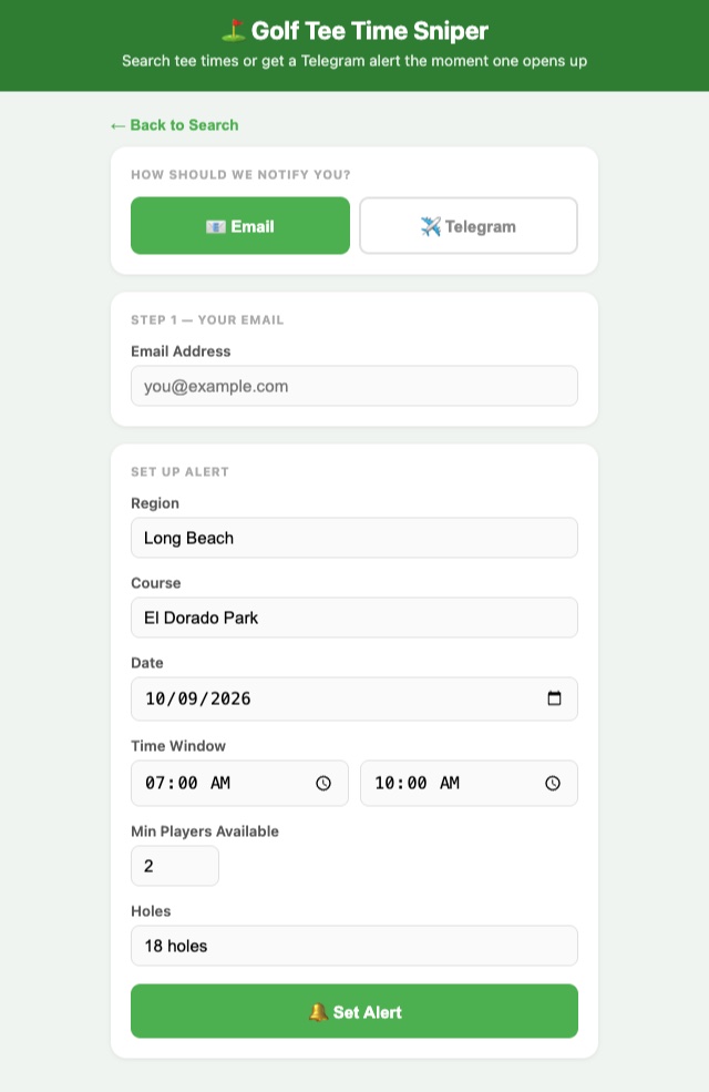 The alert setup form: choose email or Telegram, then region, course, date, time window, minimum players and holes, and a Set Alert button.