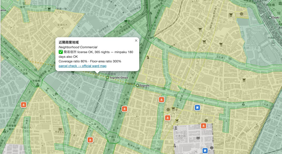 Map popup over the Togoshi-Ginza shopping street reading 近隣商業地域, Neighborhood Commercial, license OK for 365 nights, coverage ratio 80 percent, floor-area ratio 300 percent.